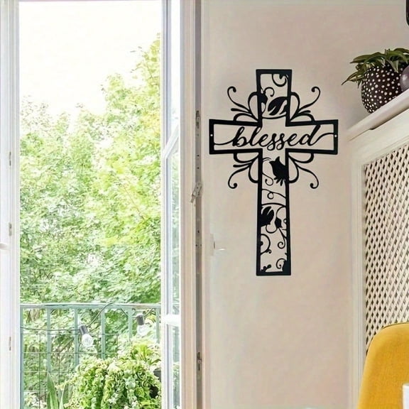 HELLOYOUNG Blessed Cross Metal Wall Art with Lucky Clover & Branch Pattern Modern Rustproof Indoor Outdoor Decor for Bedroom Living Room Bathroom Durable Birthday Halloween Christmas Gift
