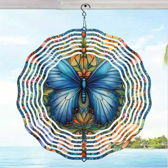 HELLOYOUNG Blue Butterfly Daisy Mandala 2D Metal Wind Chime, Golden Mirror Reflective Bird Deterrent, Outdoor Garden Decor Hanging Ornament