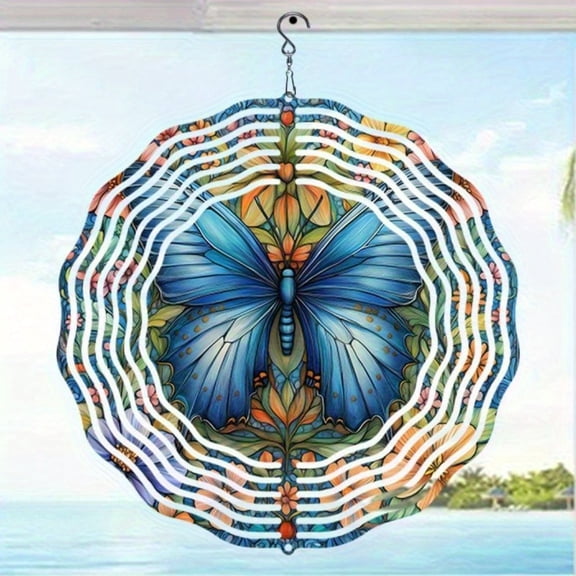 HELLOYOUNG Blue Butterfly Daisy Mandala Wind Chime 2D Metal Golden Mirror Outdoor Garden Decor Bird Deterrent Hanging Ornament with Soothing Chimes