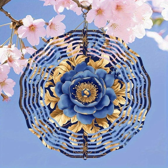 HELLOYOUNG Blue Gold Mandala Metal Wind Spinner, 2D Floral Garden Art, Outdoor Hanging Decor for Patio Yard, Battery-Free Spinning Sculpture, Weatherproof Kinetic Sign