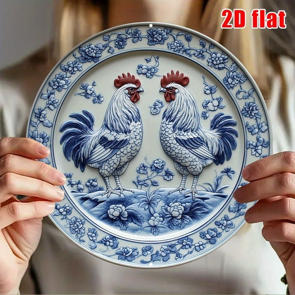HELLOYOUNG Blue Porcelain Rooster Aluminum Plaque 8x8 Inch 2D Round Wall Art Vintage Farmhouse Decor for Home Bathroom Door Courtyard