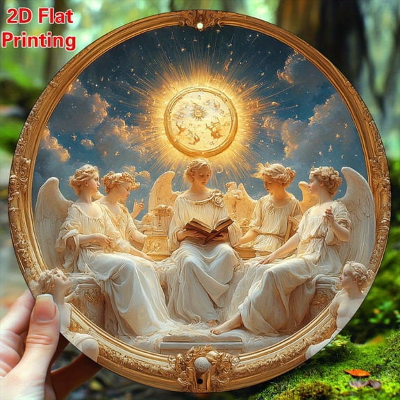 HELLOYOUNG Bohemian Angel Statue Metal Wall Art 8 Inch Round Floral Design, Rustic Home Office Decor Gift for Living Room