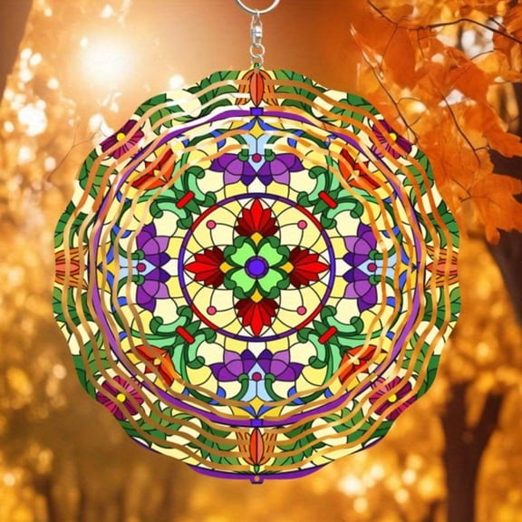 HELLOYOUNG Bohemian Floral Mandala Wind Spinner -25cm Colorful Stained Glass Suncatcher Wind-powered Automatic Rotator  for Garden Patio, Weatherproof Holiday Gift