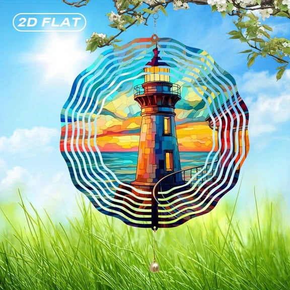 HELLOYOUNG Bohemian Metal Lighthouse Sunset Windmill Wind Chime, 10 Inch 2D Flat Indoor Outdoor Garden Patio Wall Decor with Bells, Seaside Thanksgiving Gift