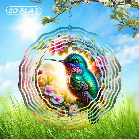 HELLOYOUNG Bohemian Stained Glass Hummingbird Windmill Suncatcher 10 Inch 2D Flat Metal Outdoor Garden Decor for Patio Terrace Wall Hanging No Power Required