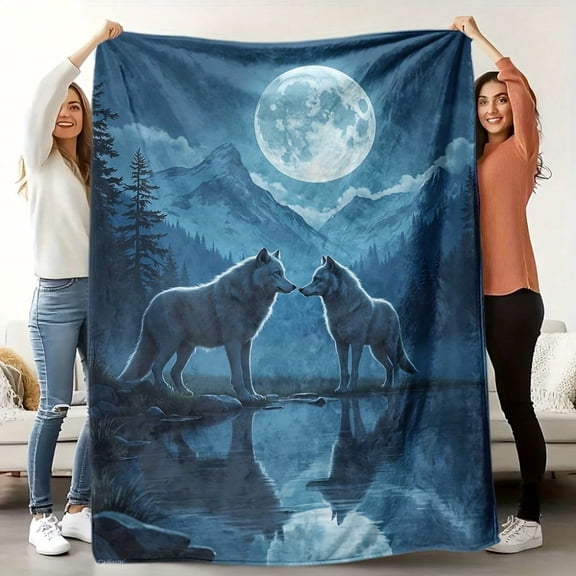 HELLOYOUNG Bohemian Wolf Moon Blanket Soft Plush Throw, Black Wolf White Moon Night Sky Print, Lightweight All-Season Couch Bedding, Machine Washable Camping Travel Wrap