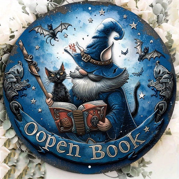 HELLOYOUNG Brand Enchanting Wizard Gnome & Black Cat Round Aluminum Wall Sign - UV/Scratch Resistant Outdoor Decor