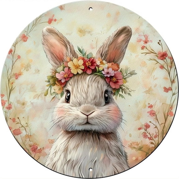 HELLOYOUNG Bunny Rabbit Round Metal Tin Sign 8 Inch  Easter Bunny Decorative Plaque Wall Art Spring Decor for Home Kitchen Farmhouse Country Style Primitive Rustic