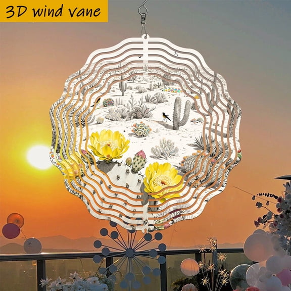 HELLOYOUNG Cactus Wind Spinner Blooming Yellow Flower Metal Art 10 Inch 360 Wind Powered Desert Decor Outdoor Garden Gift Easy Install for All Seasons Christmas Halloween Holiday