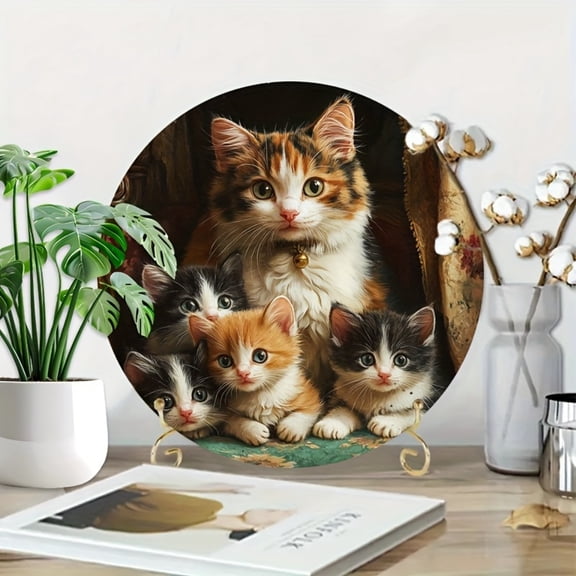 HELLOYOUNG Calico Cat Wreath Aluminum Sign - 8x8 Inch Multi-Color Oval Metal Wall Art for Home & Bar Decor, Reusable Vintage-Style Design