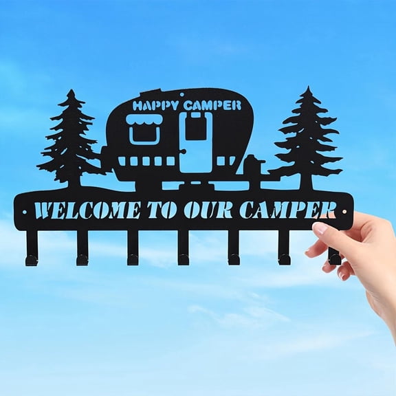 HELLOYOUNG Camper Key Holder Wall Decor 7 Hooks Rustic Metal Key Rack with Pine Tree Design Mounted Organizer for Entryway RV Home Beautify The Space Tentacle