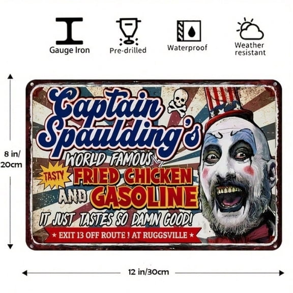 HELLOYOUNG Captain Spaulding Vintage Metal Sign 12x8 Inch, Retro Horror Movie Wall Art for Man Cave Bar Theater, Unframed Tin Poster Halloween Decor Home Living Room