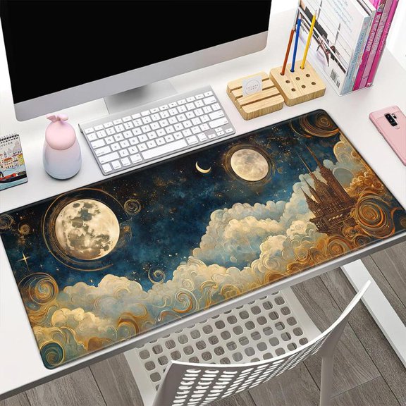 HELLOYOUNG Castle Moon Pattern Mouse Pad, Large Rectangular Gaming Mousepad with Stitched Edges, Non-Slip Rubber Base Desk Mat for Home Office, Halloween Christmas New Year Gift Idea