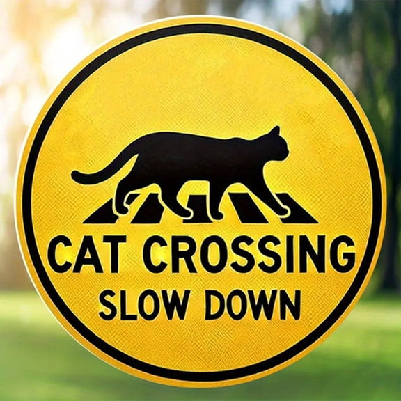 HELLOYOUNG "Cat Crossing Slow Down" Retro Metal Sign - 8" Round Yellow Iron Decor for Home Bar Cafe