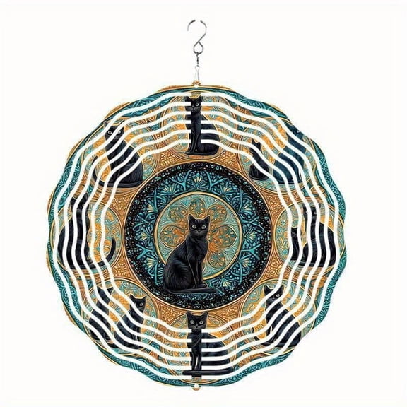 HELLOYOUNG Cat Design Hanging Wind Chime Teal Golden Metal Garden Decor 360 Hook Easy Hanging for Patio Balcony Spring Summer Fall