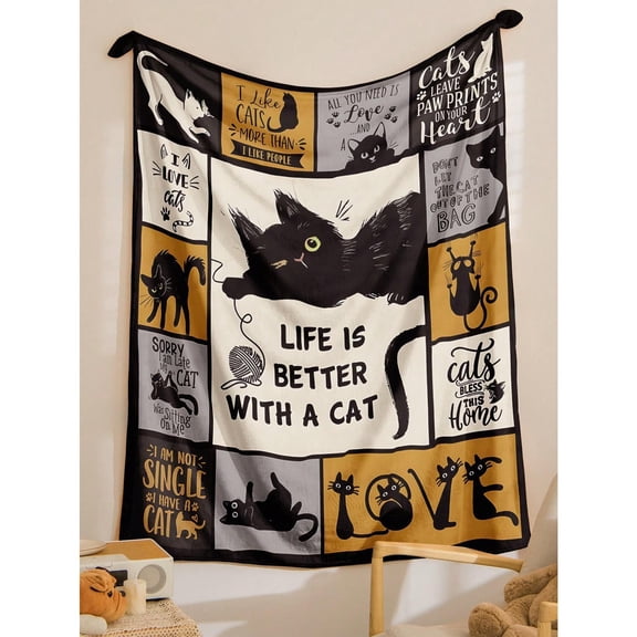 HELLOYOUNG Cat Flannel Blanket Soft Polyester Plush Throws for Women and Kids Modern Pet Pattern Rectangular Blanket for Bedroom Sofa Decor, Cozy Lightweight Blanket for All Seasons