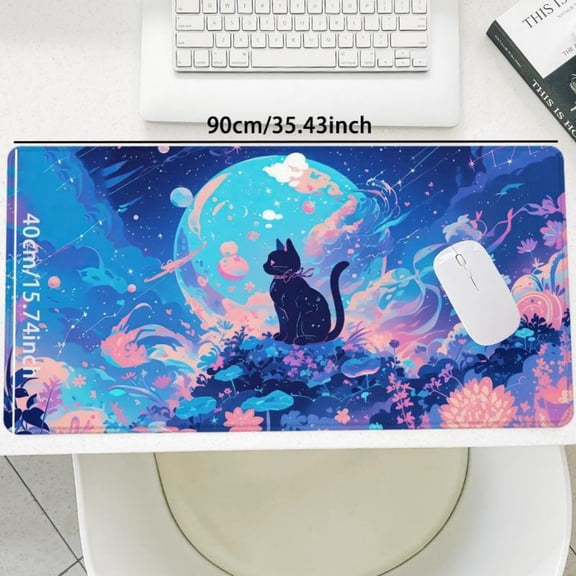 HELLOYOUNG Cat Print Large Gaming Mouse Pad Non-Slip Rubber Base Stitched Edge Desk Mat Cute Black Cat Floral Design for Laptop PC Office & Home