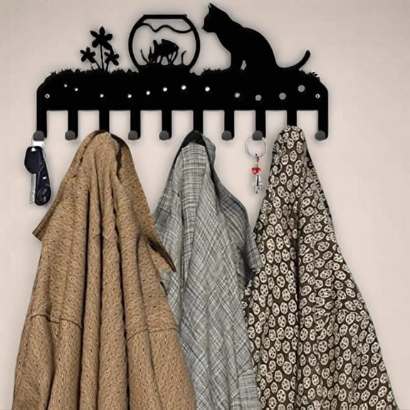 HELLOYOUNG Cat Wall Hook Set 30cm, Decorative Metal Hooks for Keys Towels Robes, Space-Saving Entryway Organizer, Durable Iron Storage Rack for Indoor Outdoor