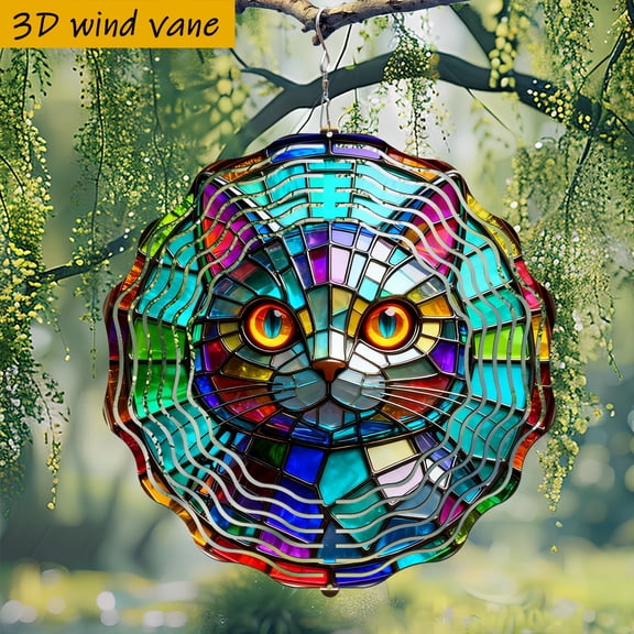 HELLOYOUNG Cat Wind Spinner Decor Cat Face Wind Spinner Colorful Metal Art Garden Ornament for All Seasons, Whimsical Gift for Cat LoversWind-powered Rotating DIY Pendant