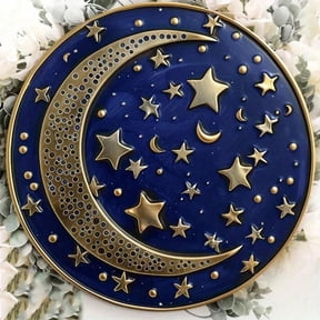 HELLOYOUNG Celestial Aluminum Metal Sign Round Wall Decor with Stars Moon Pattern, 8in Wall Art Plaques & Signs for Home