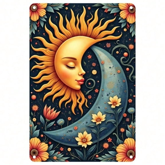 HELLOYOUNG Celestial Sun Moon Metal Wall Art 8x12 Inch, Vintage Boho Rustproof Tin Sign for Home Decor, Retro Indoor Outdoor Hanging Ornament