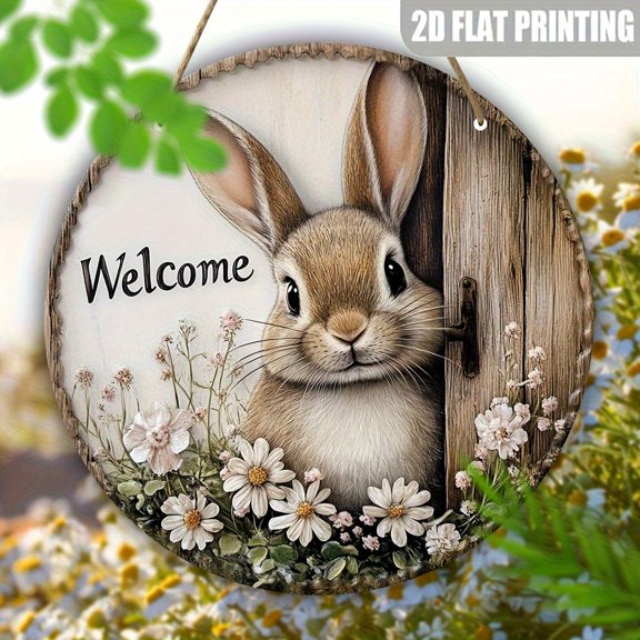 HELLOYOUNG Charming Rabbit Welcome Sign 8x8 Inch Round Spring Door Decor Floral Wreath Rustic Farmhouse Outdoor Wall Art Hanging