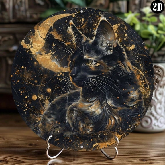 HELLOYOUNG Charming Tortoiseshell Cat Metal Sign 8x8 Inch Round Easy Install Wall Art Home Cafe Decor Gift for Halloween Christmas New Year