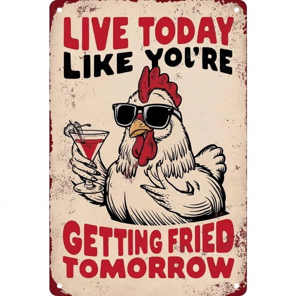 HELLOYOUNG Chicken Metal Tin Sign 8x12 Inch Funny Kitchen Wall Decor, Live Today Like You're Getting Fried Tomorrow Novelty Home Bar Cafe Sign