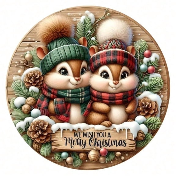 HELLOYOUNG Chipmunks Merry Christmas Wreath Sign - Round Metal Wreath Attachment, Winter Holiday Decor For Christmas Wreaths