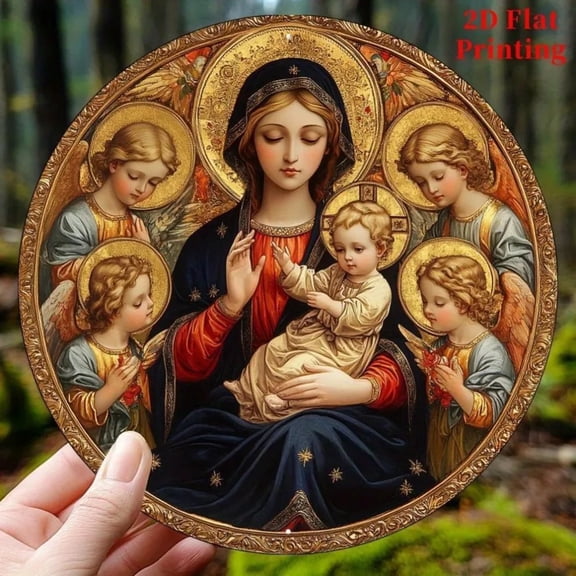 HELLOYOUNG Christian Mary Angel Metal Wall Art 8 Inch Rustic Round Religious Home Decor Hanging Gift for Living Room