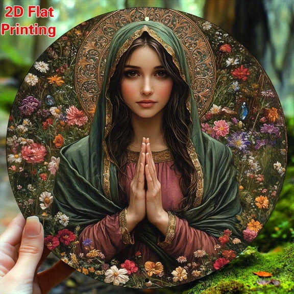 HELLOYOUNG Christian Mother Mary Prayer Metal Wall Art, 8x8 Inch Round Aluminum Plaque, Religious Home Decor for Kitchen Cafe Office Gift