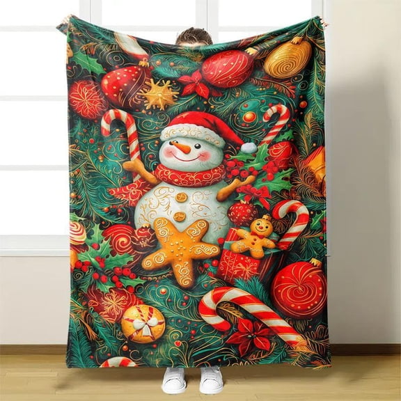 HELLOYOUNG Christmas Blanket, Soft Plush Fleece Snowman Gingerbread Print, Cozy Warm Throw for Couch Bed Office, Red Green Golden White Holiday Bedspread Decorations