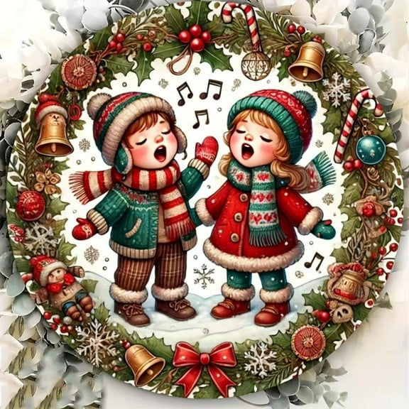 HELLOYOUNG Christmas Carols Children Singing Round Metal Wreath Sign, Aluminum Wall Decor Plate for Home, Cafe & Restaurant Wall Art