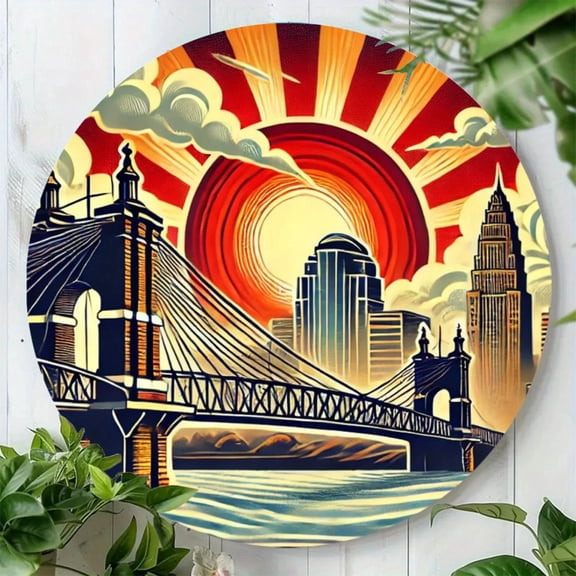 HELLOYOUNG Cincinnati Skyline Metal Wall Art, Roebling Bridge Decor with Reds Accent, 2D Flat Round Sign 7.8 Inch for Home Bar Man Cave Gift