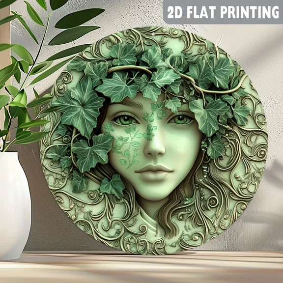 HELLOYOUNG Circular Wall Art: 2D Flat - Printed Green Tree Woman Face on a Durable, Weather - Resistant Metal Wreath Sign