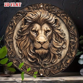 HELLOYOUNG Classic Bronze Lion Head Round Aluminum Sign 2D Flat Wall Art Intricate Mane Sculpture for Indoor Living Room Hanging Decor