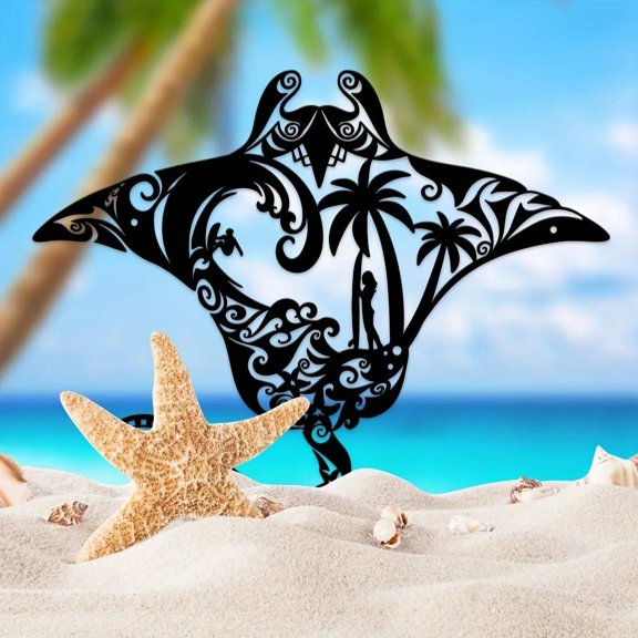 HELLOYOUNG Coastal Metal Manta Ray Wall Art Beach Themed Decor with Surfboard Waves Starfish Palm Silhouette for Create An Ocean Atmosphere Living Room Entryway Hanging Gift