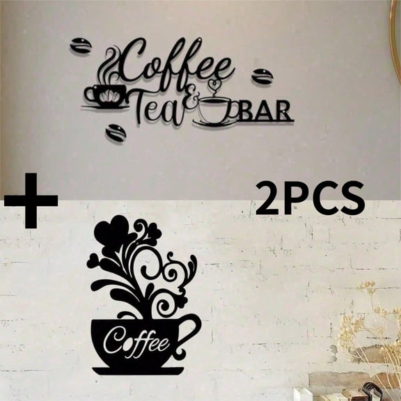 HELLOYOUNG Coffee Tea Metal Wall Decor 2 Piece Set Black Wrought Iron Script Sign Floral Cup Silhouette Rustic Kitchen Cafe Art Unique Halloween Christmas New Year Gift