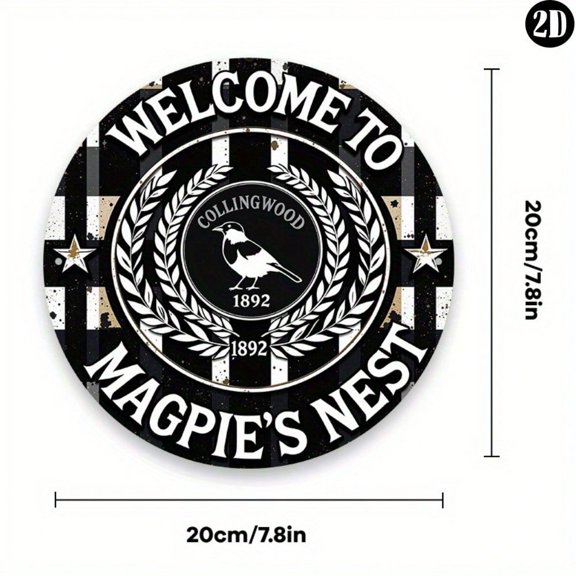 HELLOYOUNG Collingwood Magpies Vintage Metal Wall Sign 8x8 Inch Rustic Iron Decor with Welcome To Collingwood Magpie's Nest Floral Wreath Design, Classic Black White Team Spirit Decoration for Bedroo