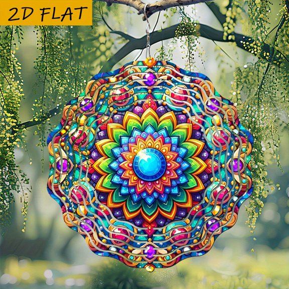 HELLOYOUNG Colored Gem Mandala Wind Spinner 360 Rotating Rainbow Spinner for Garden Home Decor, Whimsical 2D Flat Design with Hook, Creative Valentine Gift
