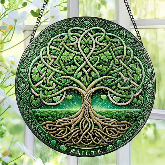 HELLOYOUNG Colorful Acrylic Sun Catcher Tree of Life Stained Glass Style Translucent Decorative Board  Window Hanging Decor for Home Garden Light Prism Gift
