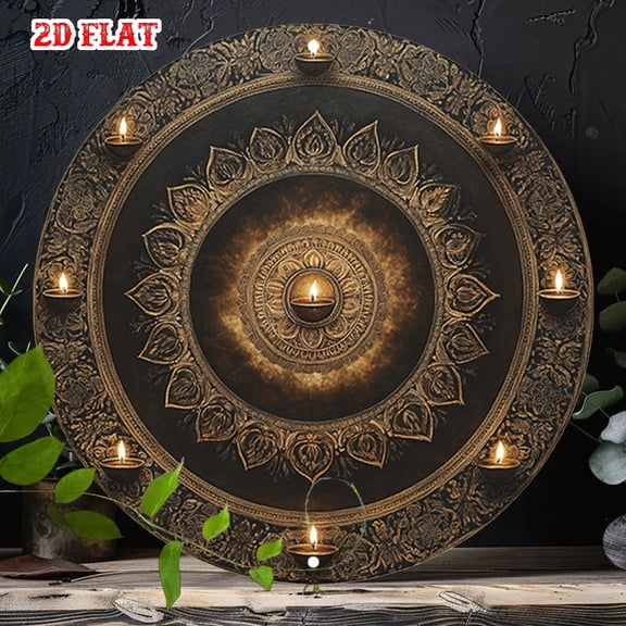 HELLOYOUNG Copper Metal Wall Art Round Candlelight Wall Decor with Ambient LED Lighting Frameless Canvas Poster Living Room Bedroom Home Decor