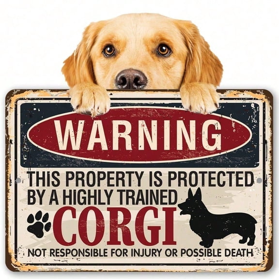 HELLOYOUNG Corgi Dog Owners Warning Sign Metal Fence Gate Decor Rustic Farmhouse Yard Plaque Property Protected