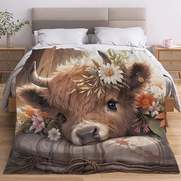 HELLOYOUNG Cozy Cow Print Flannel Throw Blanket - Ultra Soft Lightweight Highland Cow with Flowers Design, All-Season Bedspread for Couch, Suitable for Travel, Camping, Office