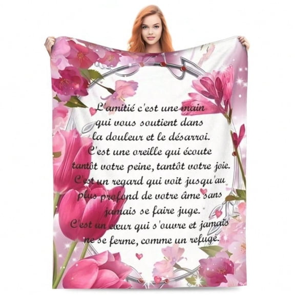 HELLOYOUNG Cozy Flannel Throw Blanket French Love Letter Floral Tulip Design Soft Polyester Allergy-Friendly All-Season for Couch Bed Travel Machine Washable