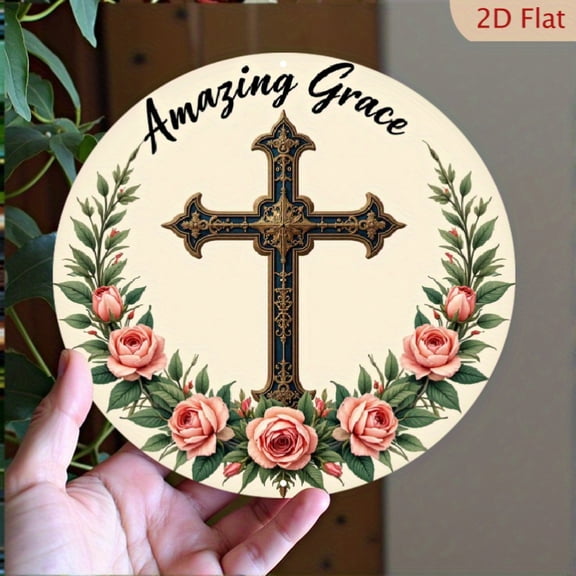 HELLOYOUNG Cross Wall Plaque 8x8 Inch Metal Sign Religious Decor Pink Christian Wall Art for Home Kitchen Cafe