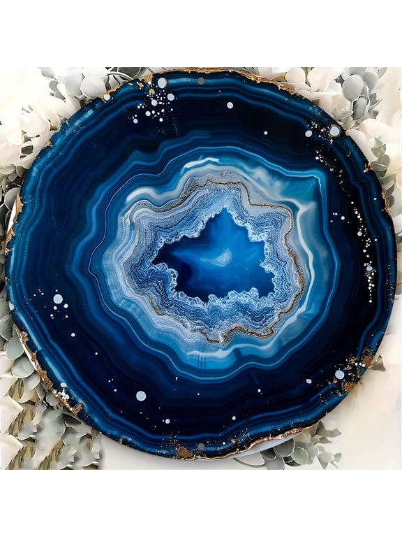 Deep Blue Agate Slice Wall Decor 8x8 Round Metal Art, Pre-Drilled Hanging Durable Stone for Kitchen Office Garden