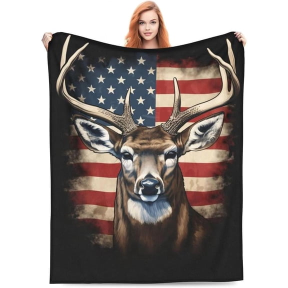 HELLOYOUNG Deer Blanket 50x60in Soft Cozy Throw Blankets for Couch Bed, American Flag Animal Decor Gifts for Kids Adults, Warm Lightweight Fleece for Sofa Bedroom
