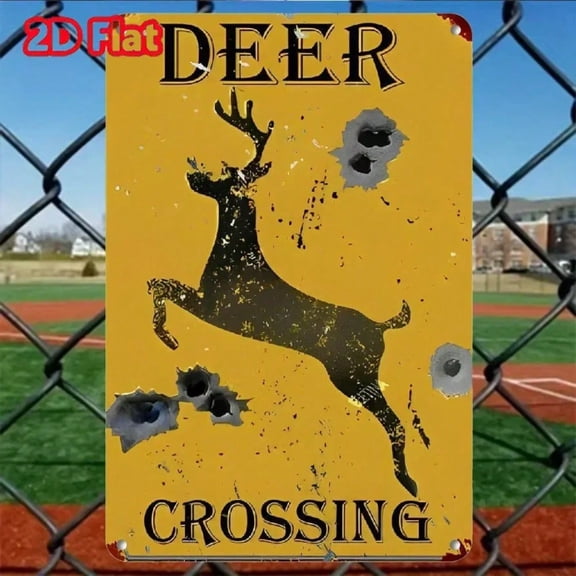 HELLOYOUNG Deer Crossing Metal Tin Sign with Bullet Holes, Vintage Yellow Caution Wall Art for Hunting Cabin, Rustic Farmhouse Decor