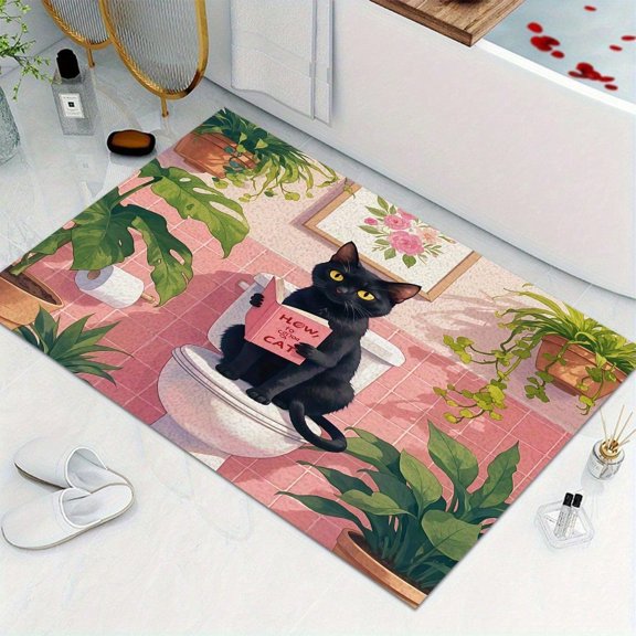 HELLOYOUNG Diatom Mud Bath Mat Non Slip Absorbent Fast Drying Rug, Machine Washable Black Cat Reading Design, Anti Skid Floor Mat for Bathroom Shower Entryway Doorway